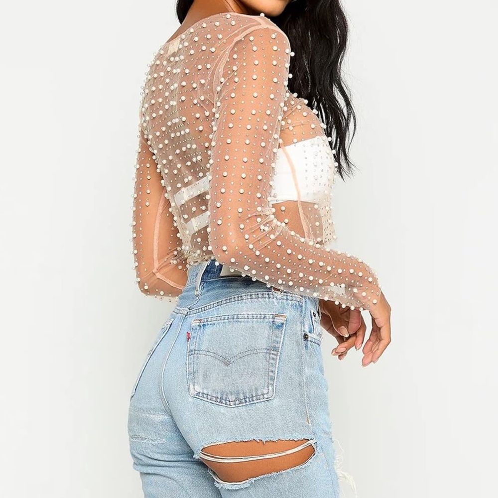 Women’s Pearl Rhinestone Sheer Mesh Long Sleeve Top